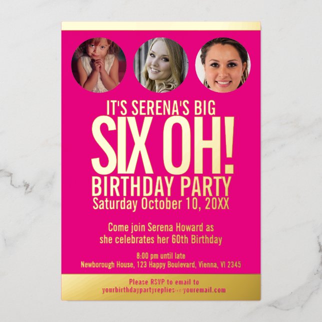 Invitation En Aluminium 60e anniversaire graphisme rose feuille d'or cercl (Recto)