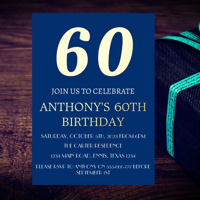 Invitation En Aluminium 60e anniversaire moderne Blue Gold Foil QR Code (Créateur téléchargé)