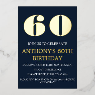 Invitation En Aluminium 60e anniversaire moderne Marine Blue Gold Foil QR 