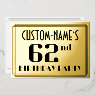 Invitation En Aluminium 62e fête d'anniversaire : Art Déco Look "62" et no