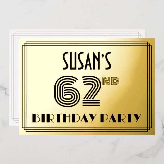 Invitation En Aluminium 62e fête d'anniversaire — Art Déco Style "62" & No (Recto/Verso)