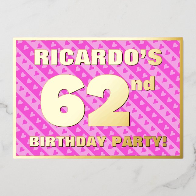 Invitation En Aluminium 62e fête d'anniversaire — Coeurs et rayures roses  (Recto)