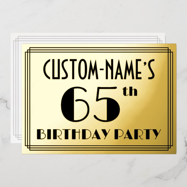 Invitation En Aluminium 65e fête d'anniversaire — Art Déco Look "65" + Nom (Recto/Verso)