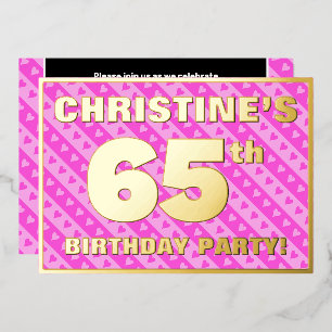 Invitation En Aluminium 65e fête d'anniversaire — Coeurs et rayures roses 