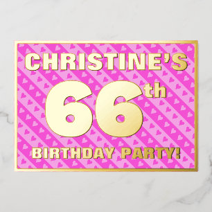 Invitation En Aluminium 66e fête d'anniversaire — Coeurs et rayures roses 