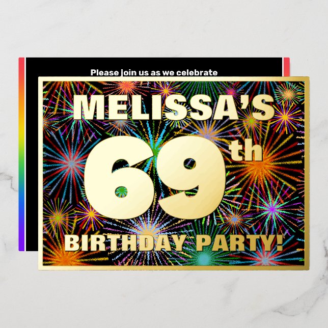 Invitation En Aluminium 69e fête d'anniversaire — Amusant, Feu d'artifice  (Recto/Verso)