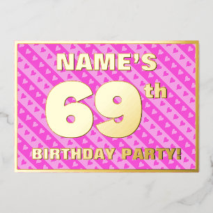 Invitation En Aluminium 69e fête d'anniversaire — Coeurs et rayures roses 