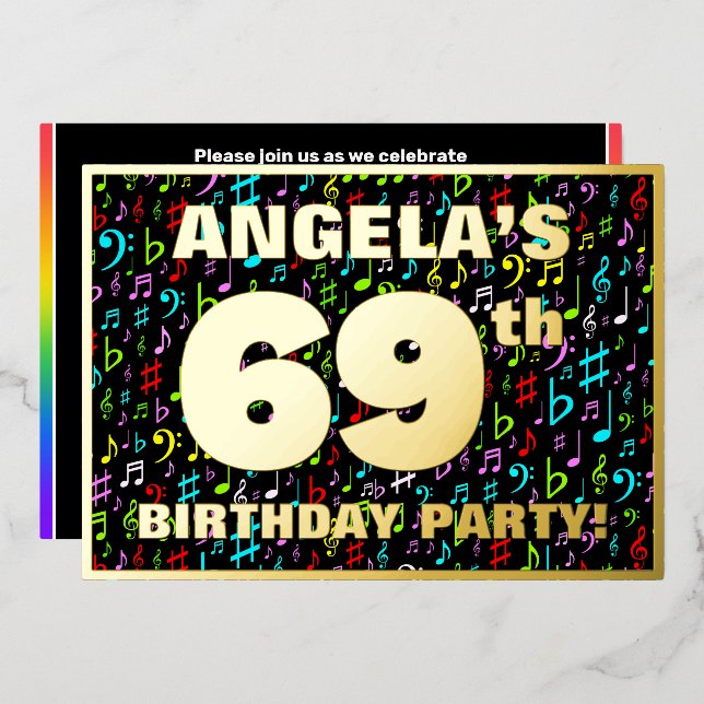 Invitation En Aluminium 69e fête d'anniversaire — Symboles de musique amus (Recto/Verso)