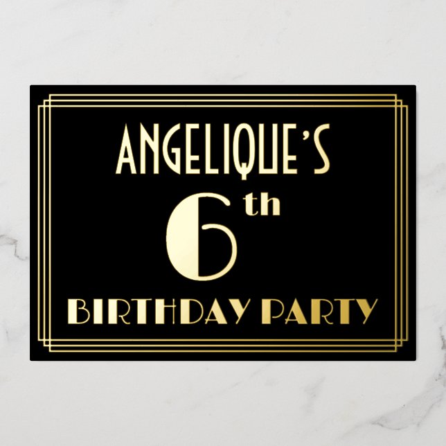 Invitation En Aluminium 6e fête d'anniversaire : Art Déco Look "6", avec n (Recto)