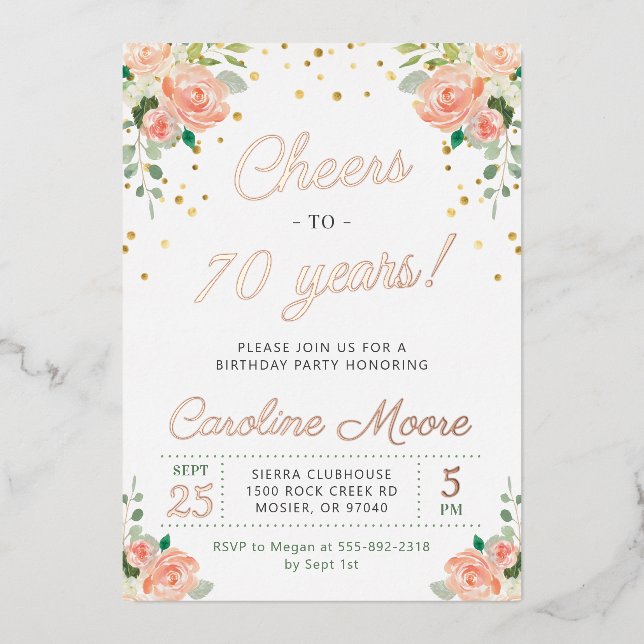 Invitation En Aluminium 70e anniversaire Salutations à 70 ans Dames Rose O (Recto)