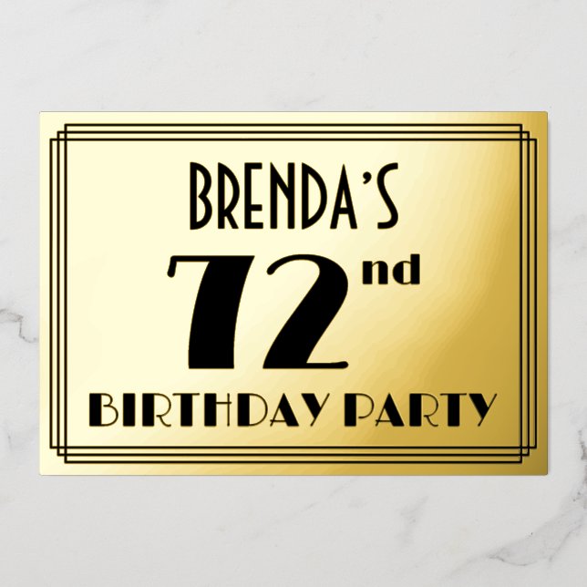 Invitation En Aluminium 72e fête d'anniversaire — Art Déco Look "72" + Nom (Recto)