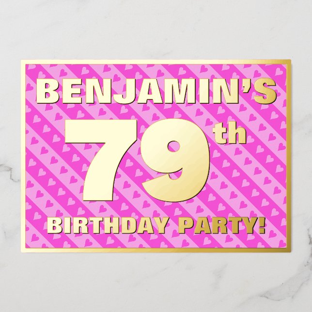 Invitation En Aluminium 79e fête d'anniversaire — Coeurs et rayures roses  (Recto)