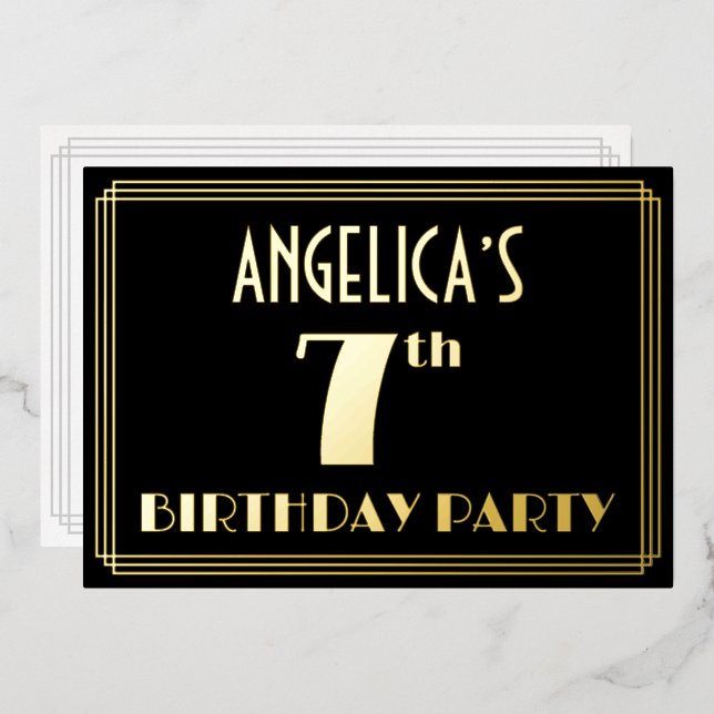 Invitation En Aluminium 7e fête d'anniversaire : Art Déco Look "7", avec n (Recto/Verso)