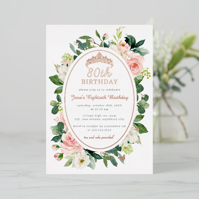 Invitation En Aluminium 80e anniversaire Rose or rose papillon Floral (Debout devant)