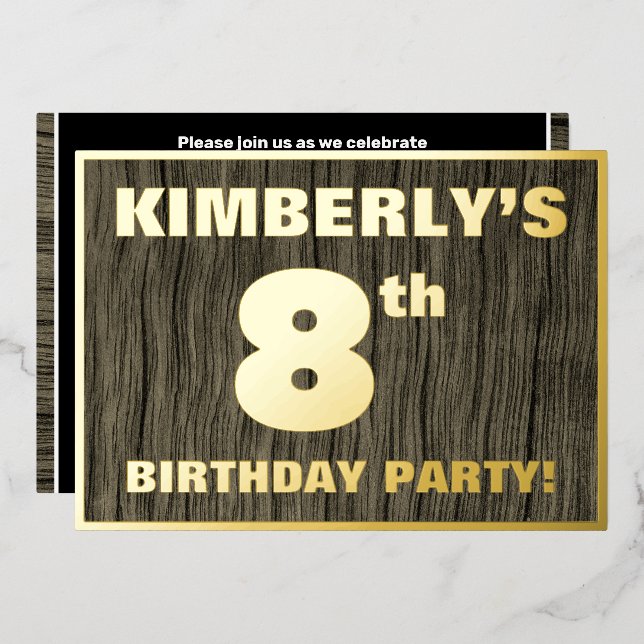 Invitation En Aluminium 8th Birthday Party: Bold, Faux Wood Grain Pattern (Recto/Verso)