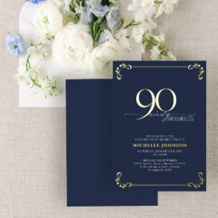 Invitation En Aluminium 90 & Fabuleux Blue & Gold Calligraphy Anniversaire