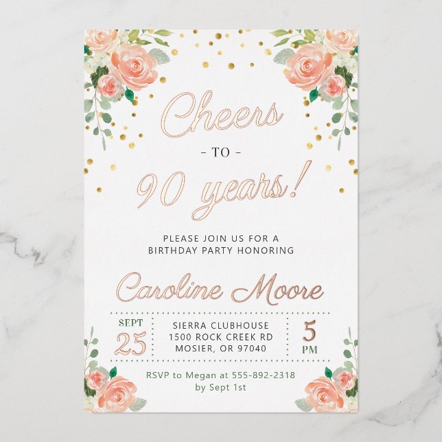 Invitation En Aluminium 90e anniversaire Salutations à 90 ans Dames Rose O (Recto)