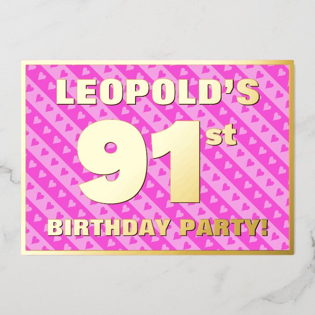 Invitation En Aluminium 91e fête d'anniversaire — Coeurs et rayures roses  (Recto)