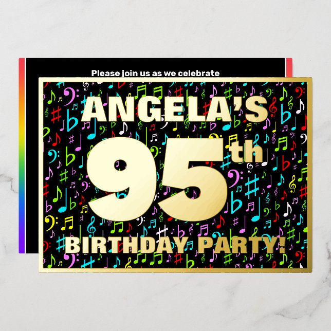 Invitation En Aluminium 95th Birthday Party — Fun, Colorful Music Symbols (Recto/Verso)