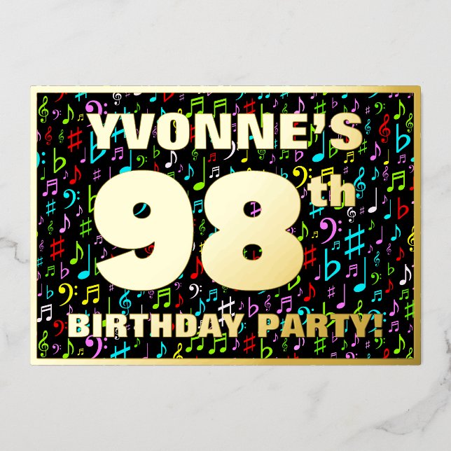 Invitation En Aluminium 98e fête d'anniversaire — Symboles de musique amus (Recto)