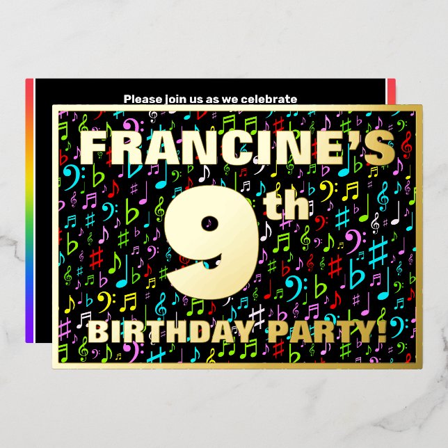 Invitation En Aluminium 9e fête d'anniversaire — Symboles de musique amusa (Recto/Verso)