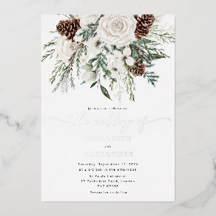 Invitation En Aluminium À feuillage persistant mariage d'hiver élégant Sil