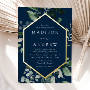 Invitation En Aluminium Abondant Mariage Cadre Navy et Or Verdure