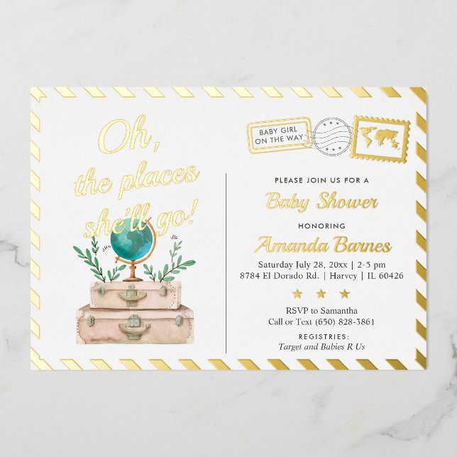Invitation En Aluminium Adventure Travel Suitcase Baby Girl Shower Gold (Recto)