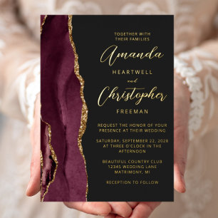 Invitation En Aluminium Agate Bourgogne Or Script Sombre Mariage