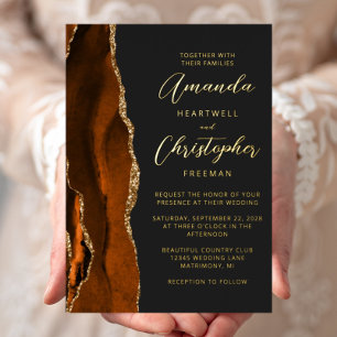 Invitation En Aluminium Agate Burnt Orange Gold Script Mariage foncé