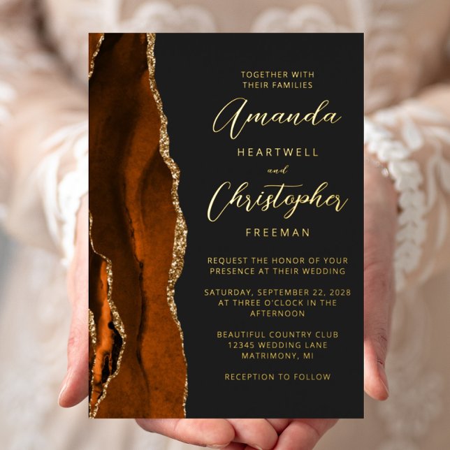 Invitation En Aluminium Agate Burnt Orange Gold Script Mariage foncé (Créateur téléchargé)
