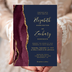 Invitation En Aluminium Agate moderne Bourgogne Rouge Mariage de la Marine