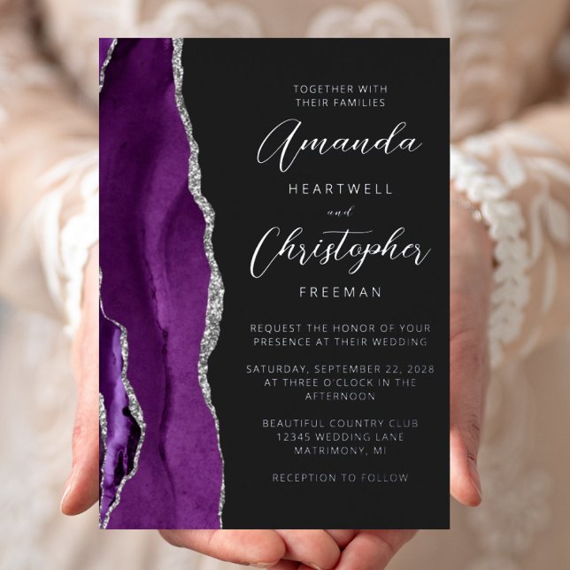 Invitation En Aluminium Agate Purple Argent Script Mariage foncé (Créateur téléchargé)