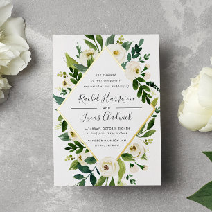 Invitation En Aluminium Alabaster   Cadre de mariage floral vert et blanc