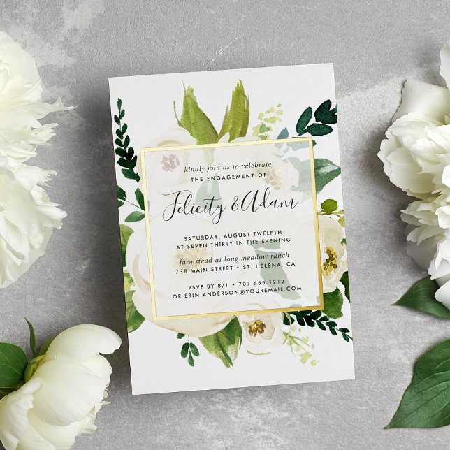 Invitation En Aluminium Albâtre Floral Engagement Party Gold (Créateur téléchargé)