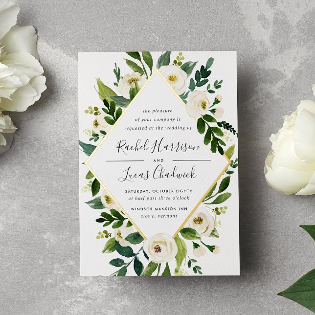Invitation En Aluminium Albâtre | Mariage de cadre de fleurs vert et blanc (Créateur téléchargé)