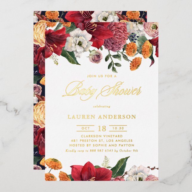 Invitation En Aluminium Amaryllis botanique et mamans Baby shower floral (Recto/Verso)