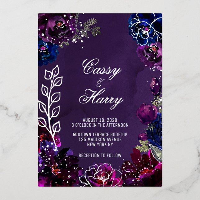 Invitation En Aluminium Amethyst Sapphire Jewel Tones Surnoms Mariage (Recto)