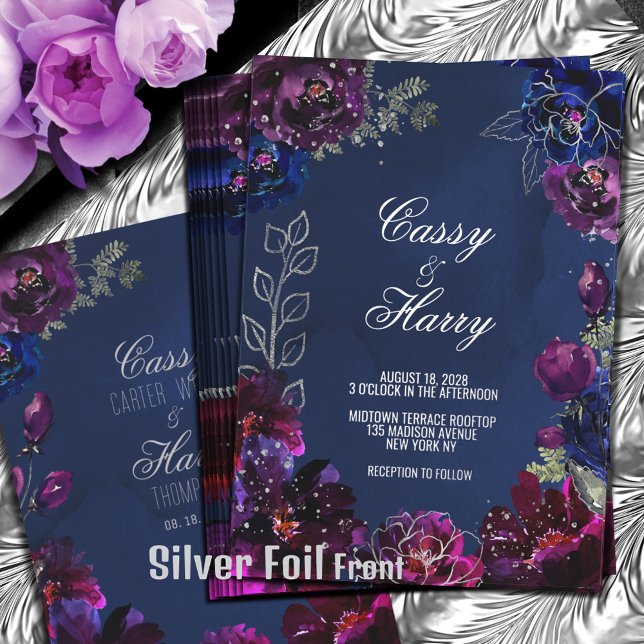 Invitation En Aluminium Amethyst Sapphire Navy Jewel Tones Mariage (Silver Foil version. The silver foil is only on the front of this invite.)