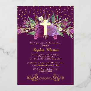 Invitation En Aluminium Améthyste pourpre Croix d'or floral Baptême
