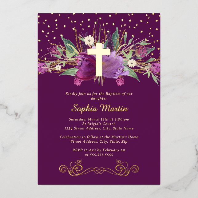 Invitation En Aluminium Améthyste pourpre Croix d'or floral Baptême (Recto)