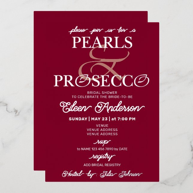 Invitation En Aluminium Ampersand Burgundy Pearls & Prosecco Fête des mari (Recto/Verso)