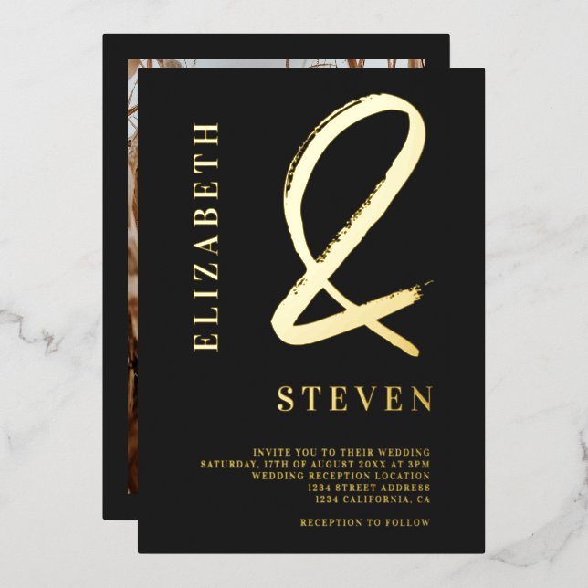 Invitation En Aluminium Ampersand d'or chic moderne noms photo mariage (Recto/Verso)