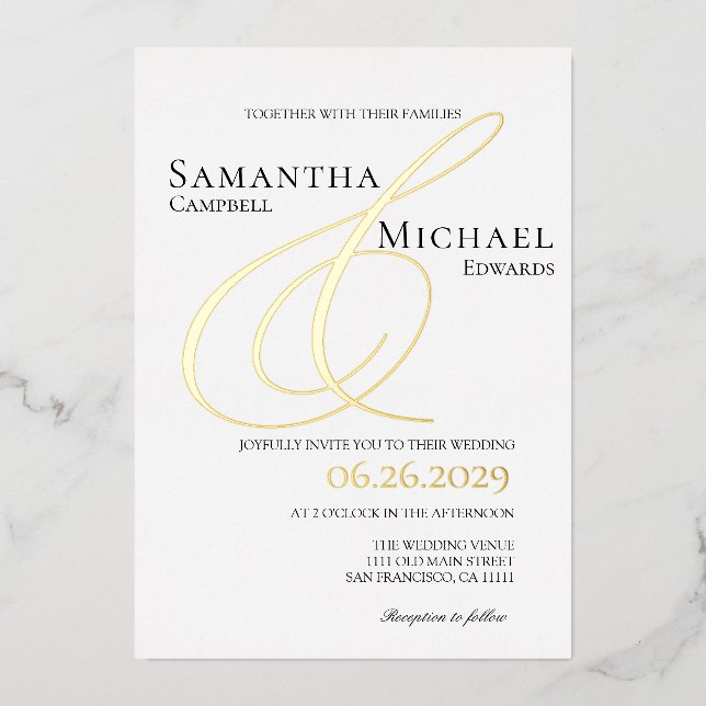 Invitation En Aluminium Ampersand Elegant or et blanc Mariage moderne (Recto)