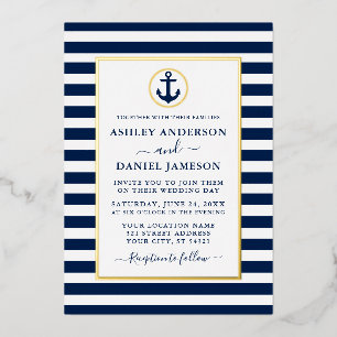 Invitation En Aluminium Ancre marine Bleu Mariage Or