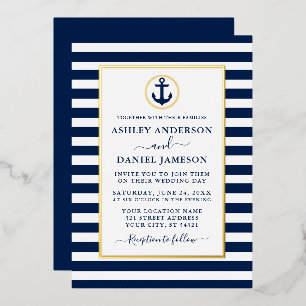 Invitation En Aluminium Ancre Naúticale Rayures Bleues Mariage Or