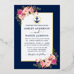 Invitation En Aluminium Ancre Naútíque Aquarelle Fleurs Roses Bleu Or