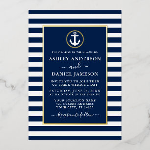 Invitation En Aluminium Ancre Naútíque Mariage Rayures Bleues Or