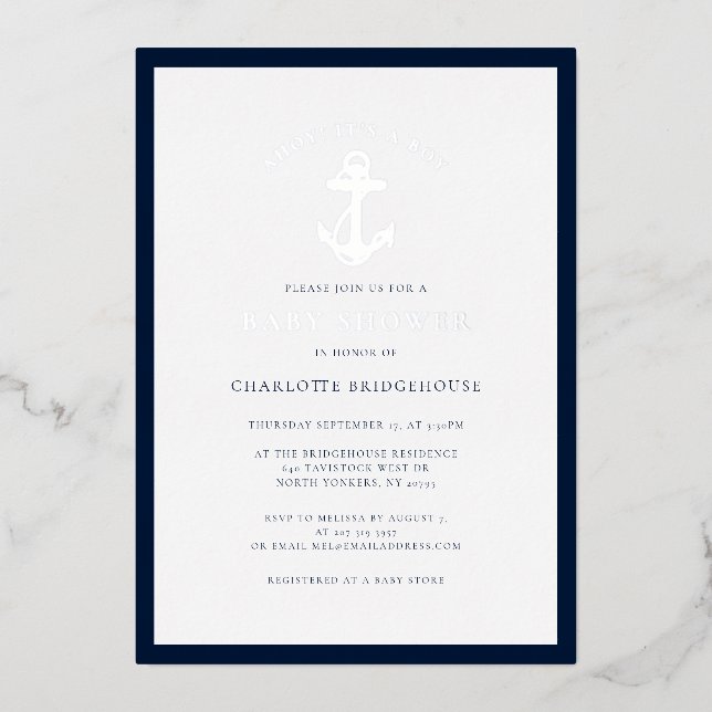 Invitation En Aluminium Ancre nautique minimaliste Baby shower garçon arge (Recto)