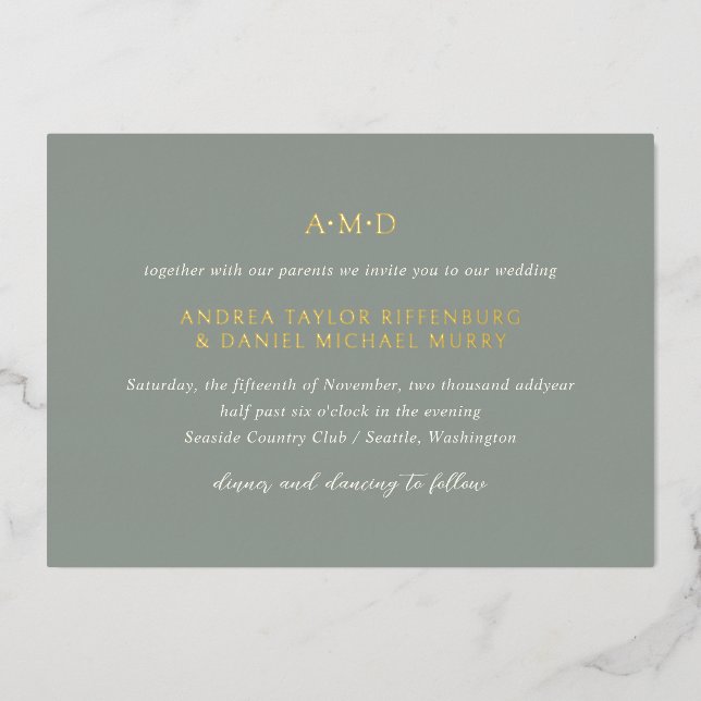 Invitation En Aluminium Andrea Sage Green Mariage élégant (Recto)